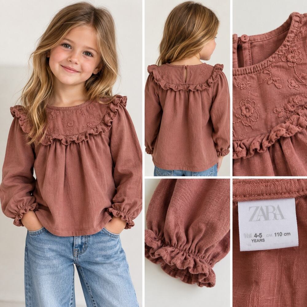 Zara Girls Rose Embroidered Ruffle Blouse Top 4-5Y cottagecore fall peasant